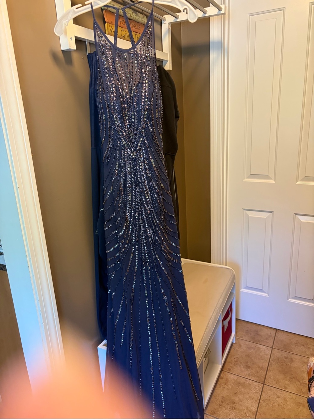 Navy Sequined Evening Gown - Sleeveless Sheer Bodice